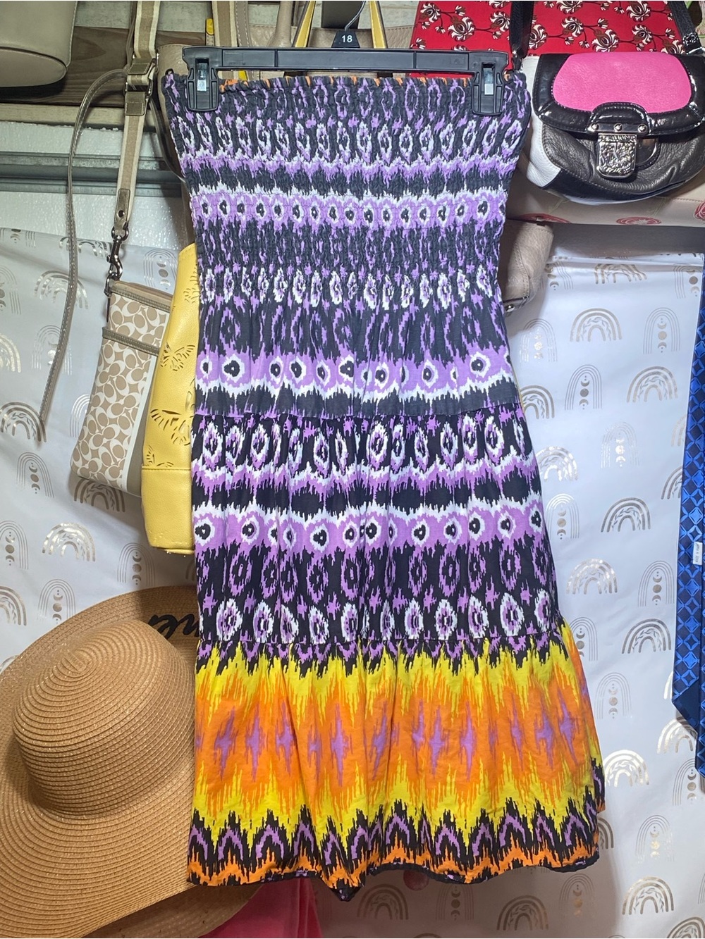 Speed Control Strapless Smocked Midi Dress in Purple, Black & Yellow-Orange